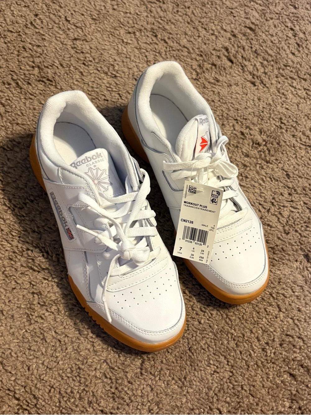 Reebok Womens Workout Plus White Sneakers with Gum Outsole